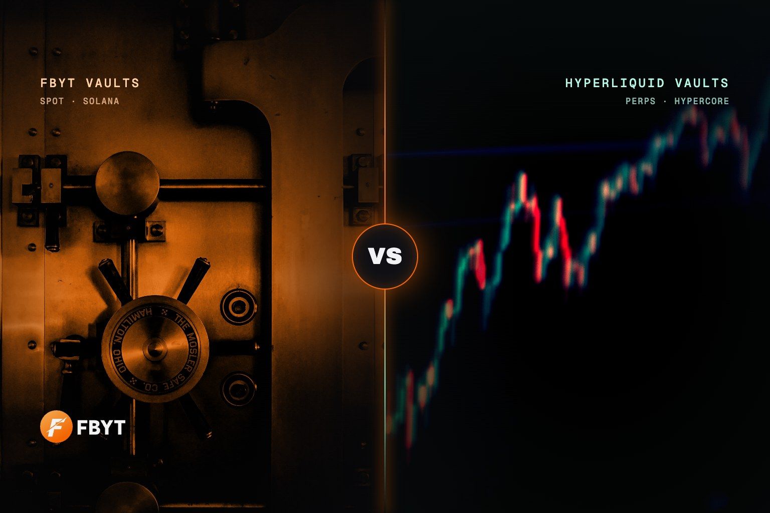 FBYT vaults vs Hyperliquid vaults: a steel bank vault door in orange beside a candlestick price chart in mint green