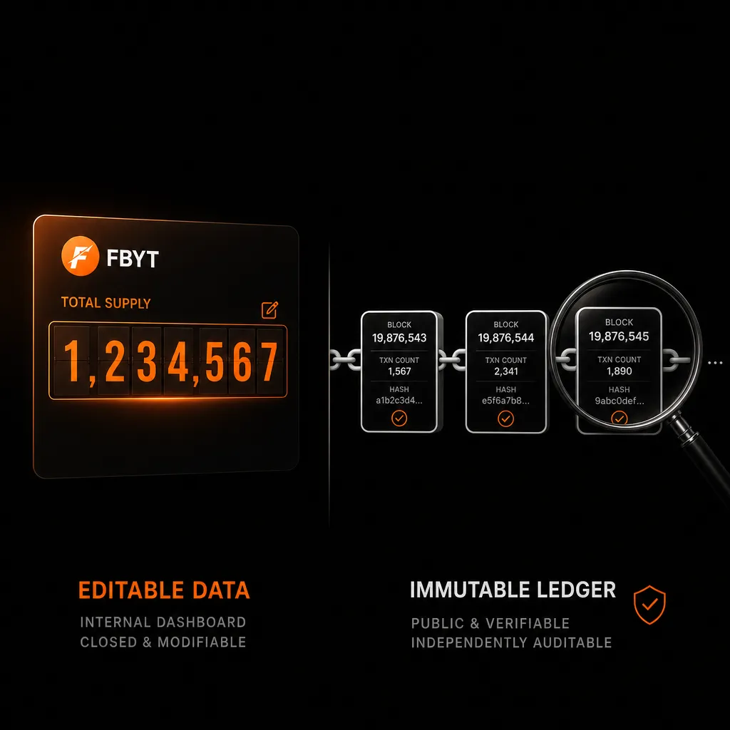 Editable dashboard number contrasted with a verified immutable ledger chain under a magnifying glass