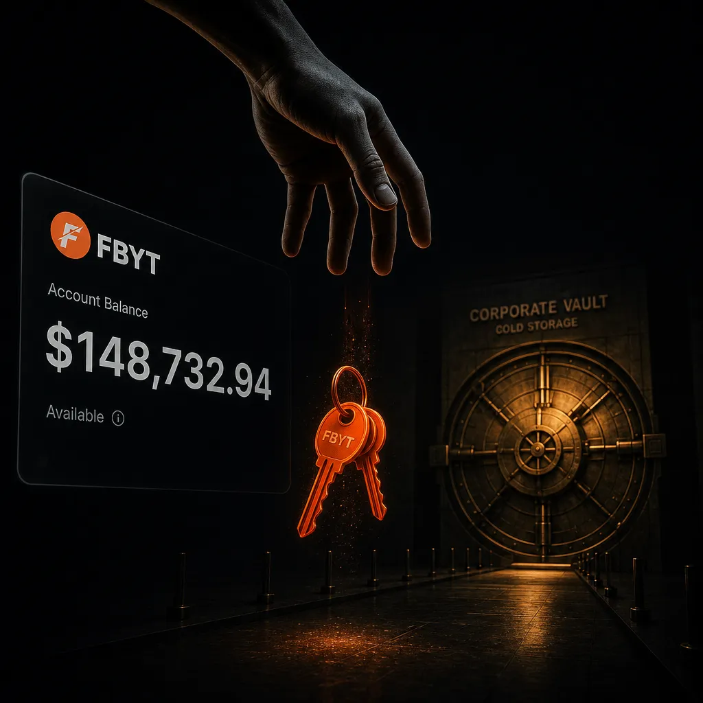 Hand releasing keys toward a locked vault while a screen balance floats separately