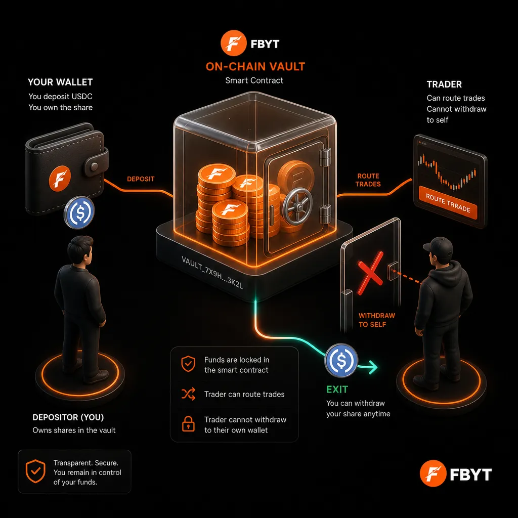 Wallet feeding a transparent vault where a trader can trade but not withdraw funds